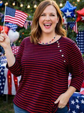 Chaps Red & Navy Striped Top – Size XL | Nautical Button Detail |Classic & Comfy